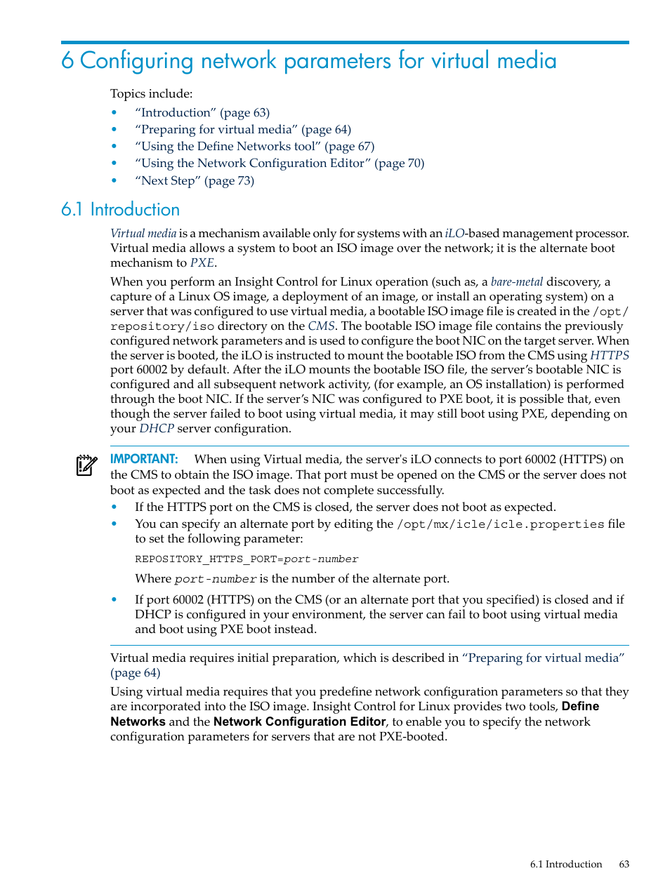 6 configuring network parameters for virtual media, 1 introduction | HP Insight Control Software for Linux User Manual | Page 63 / 288