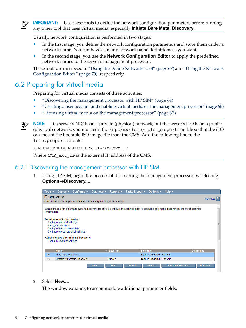 2 preparing for virtual media, 1 discovering the management processor with hp sim, Preparing for virtual media | HP Insight Control Software for Linux User Manual | Page 64 / 288