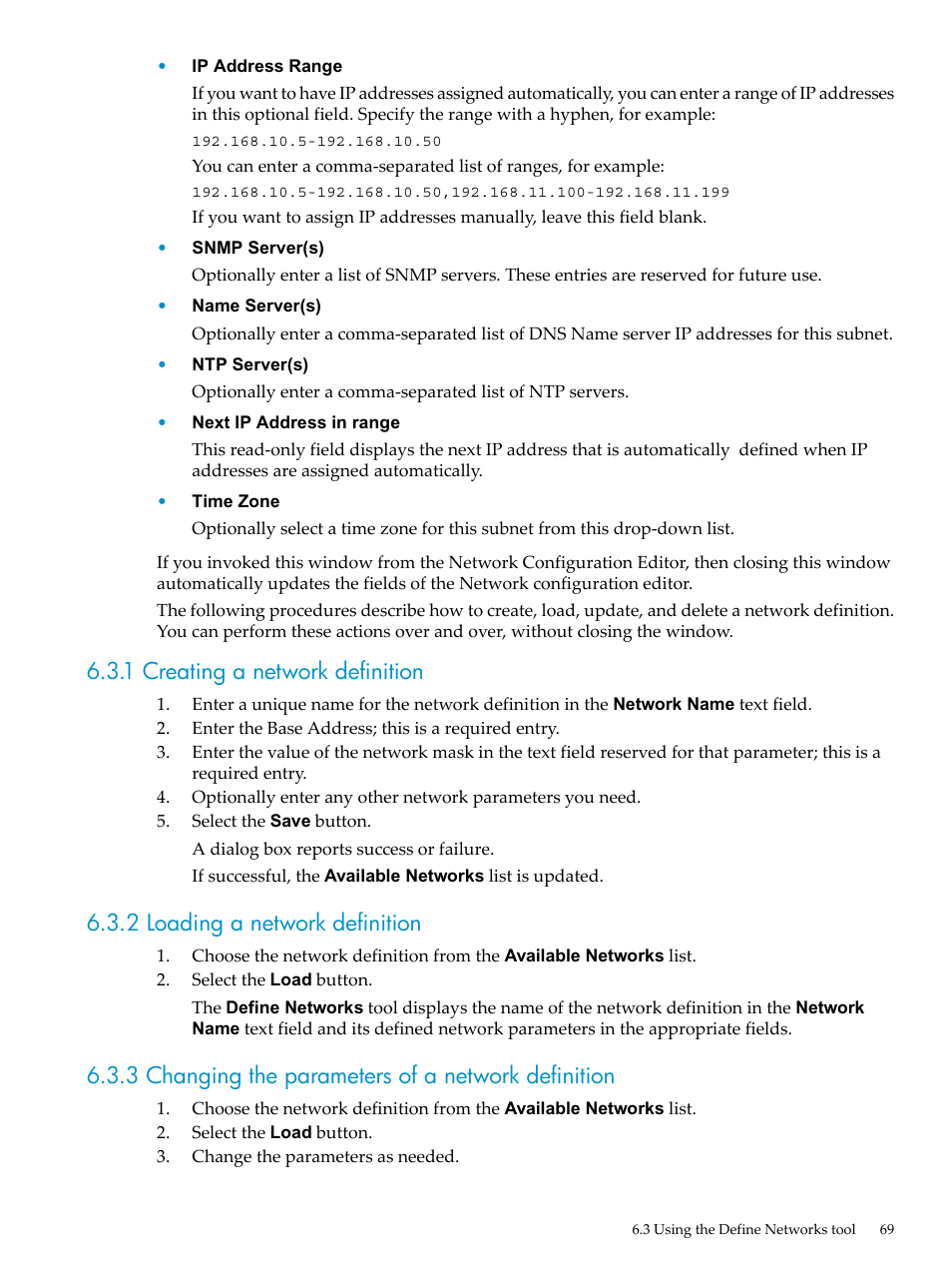 1 creating a network definition, 2 loading a network definition, 3 changing the parameters of a network definition | HP Insight Control Software for Linux User Manual | Page 69 / 288