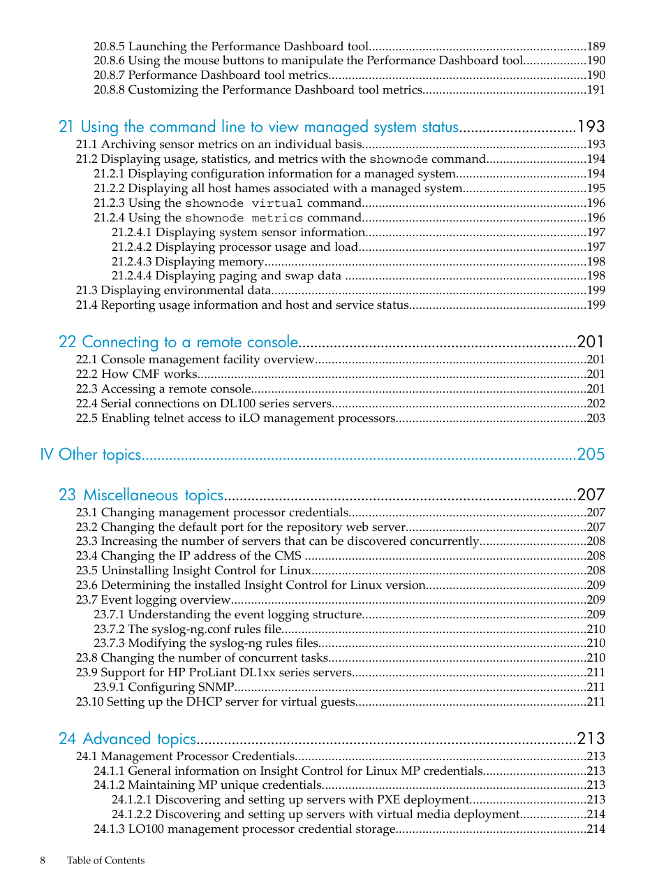 22 connecting to a remote console, Iv other topics 23 miscellaneous topics, 24 advanced topics | HP Insight Control Software for Linux User Manual | Page 8 / 288