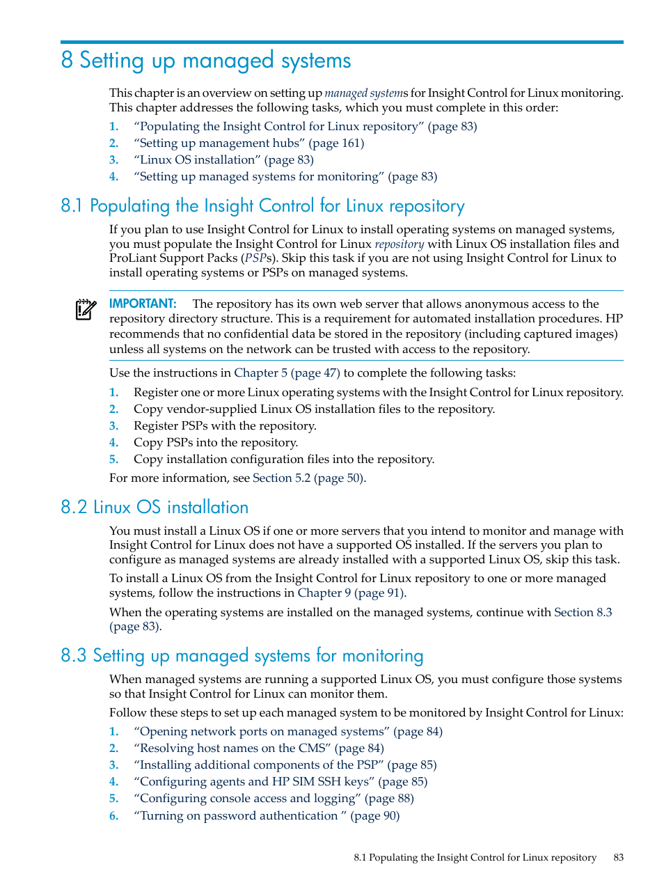 8 setting up managed systems, 2 linux os installation, 3 setting up managed systems for monitoring | HP Insight Control Software for Linux User Manual | Page 83 / 288