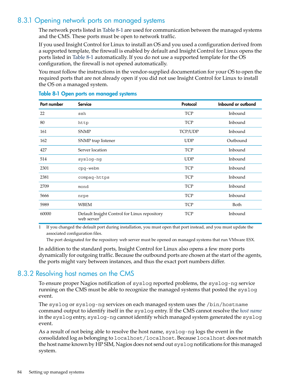 1 opening network ports on managed systems, 2 resolving host names on the cms | HP Insight Control Software for Linux User Manual | Page 84 / 288