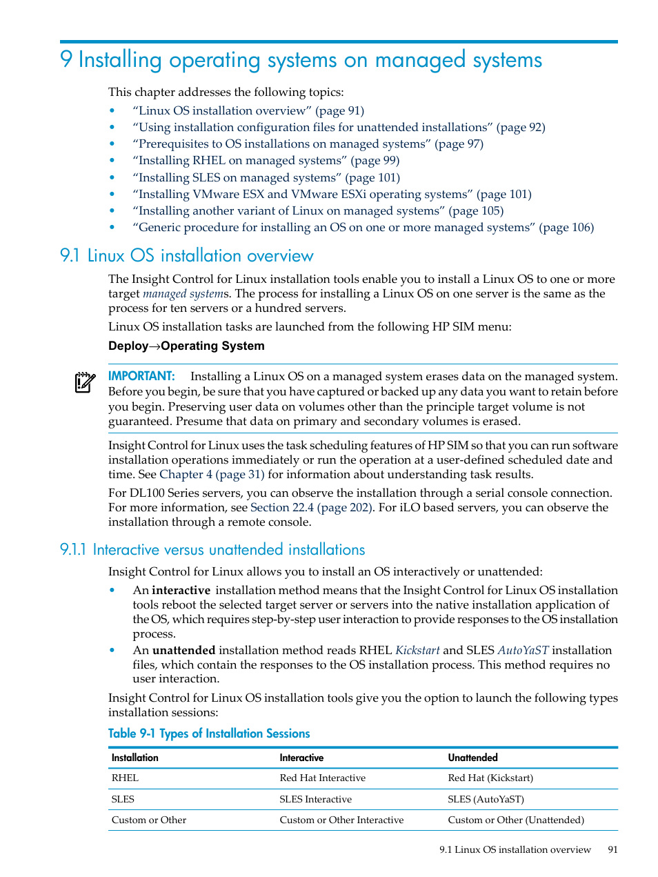 9 installing operating systems on managed systems, 1 linux os installation overview, 1 interactive versus unattended installations | HP Insight Control Software for Linux User Manual | Page 91 / 288