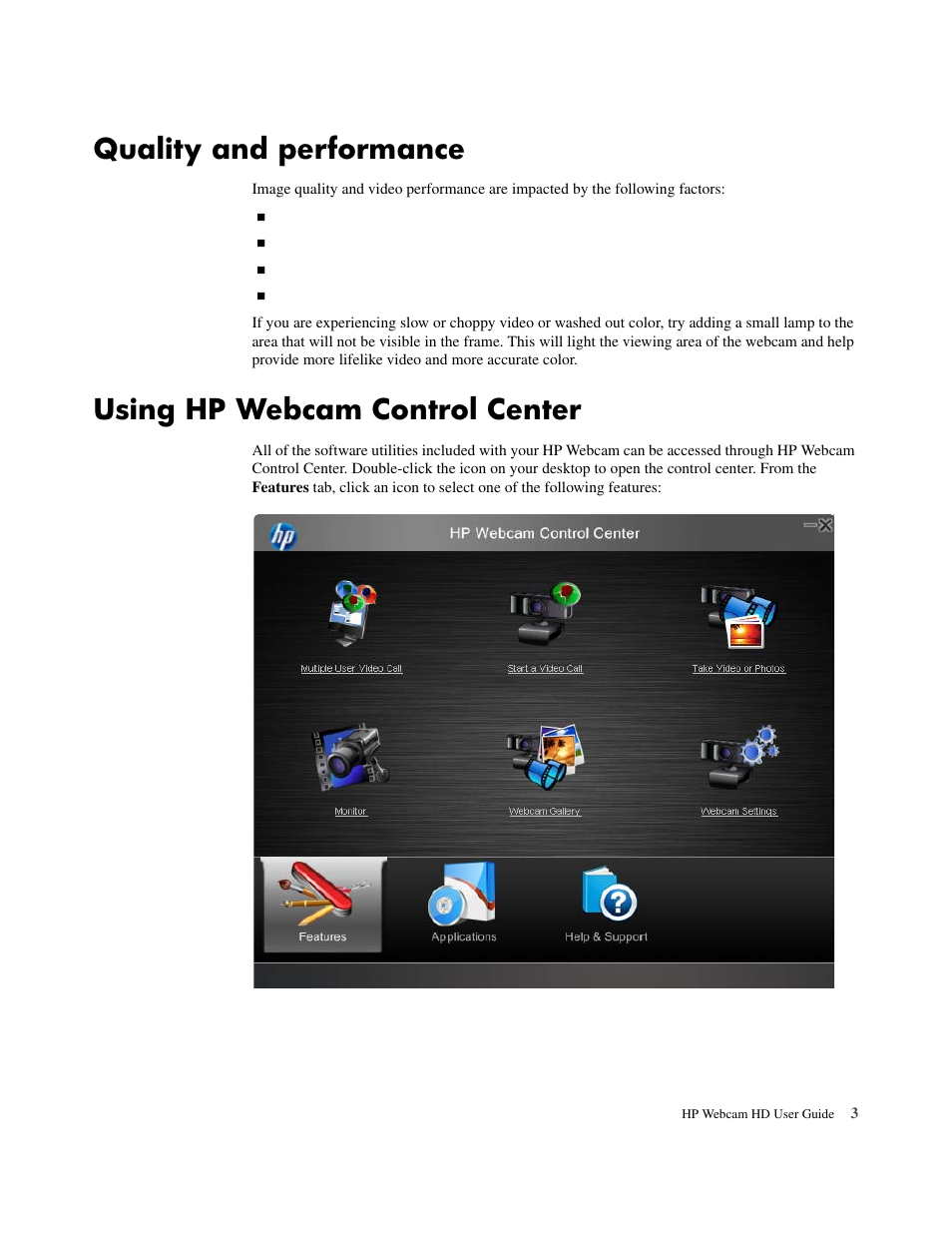 Quality and performance, Using hp webcam control center | HP HD 3300 Webcam User Manual | Page 5 / 23