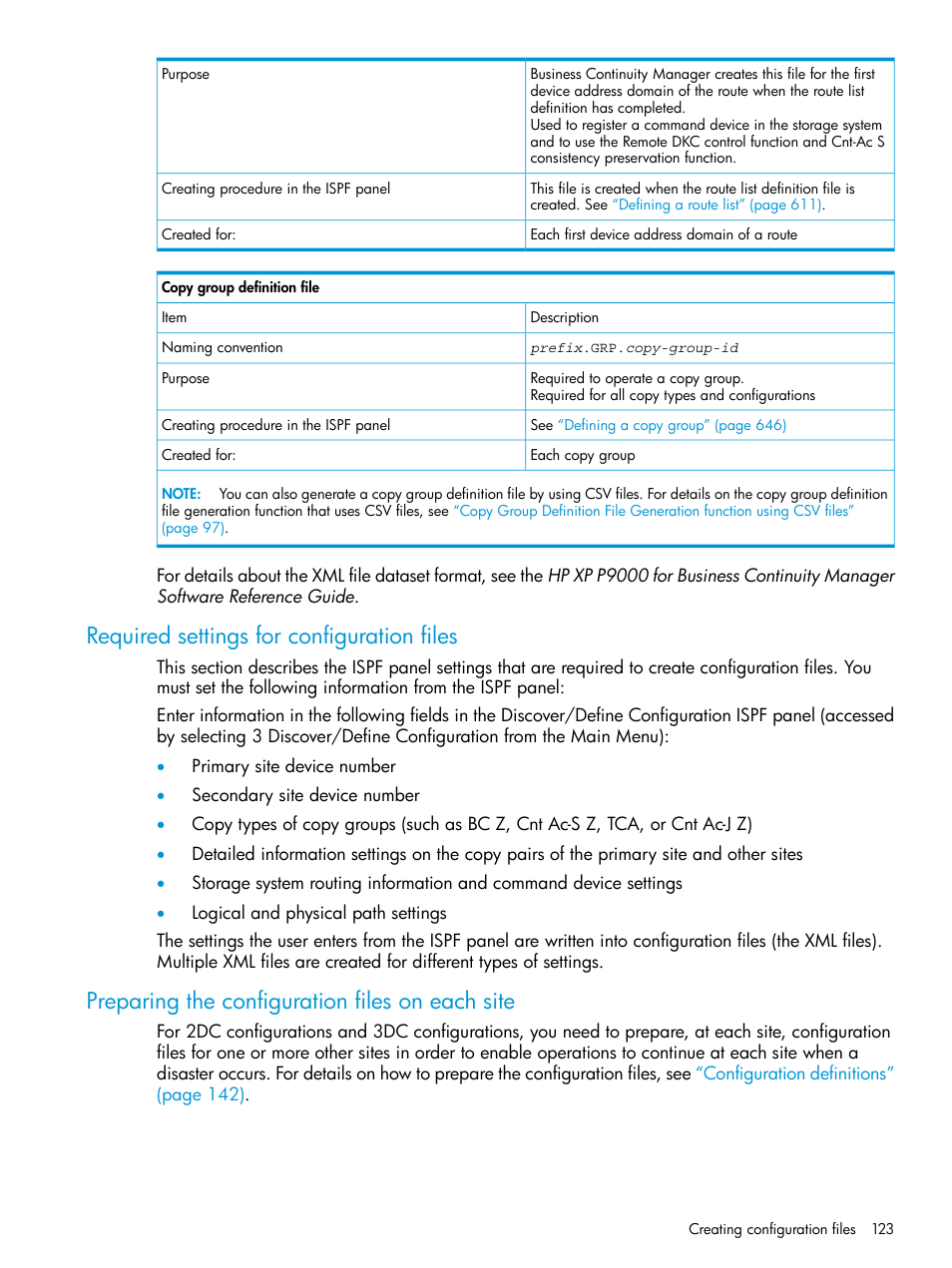 Required settings for configuration files, Preparing the configuration files on each site | HP XP P9500 Storage User Manual | Page 123 / 773