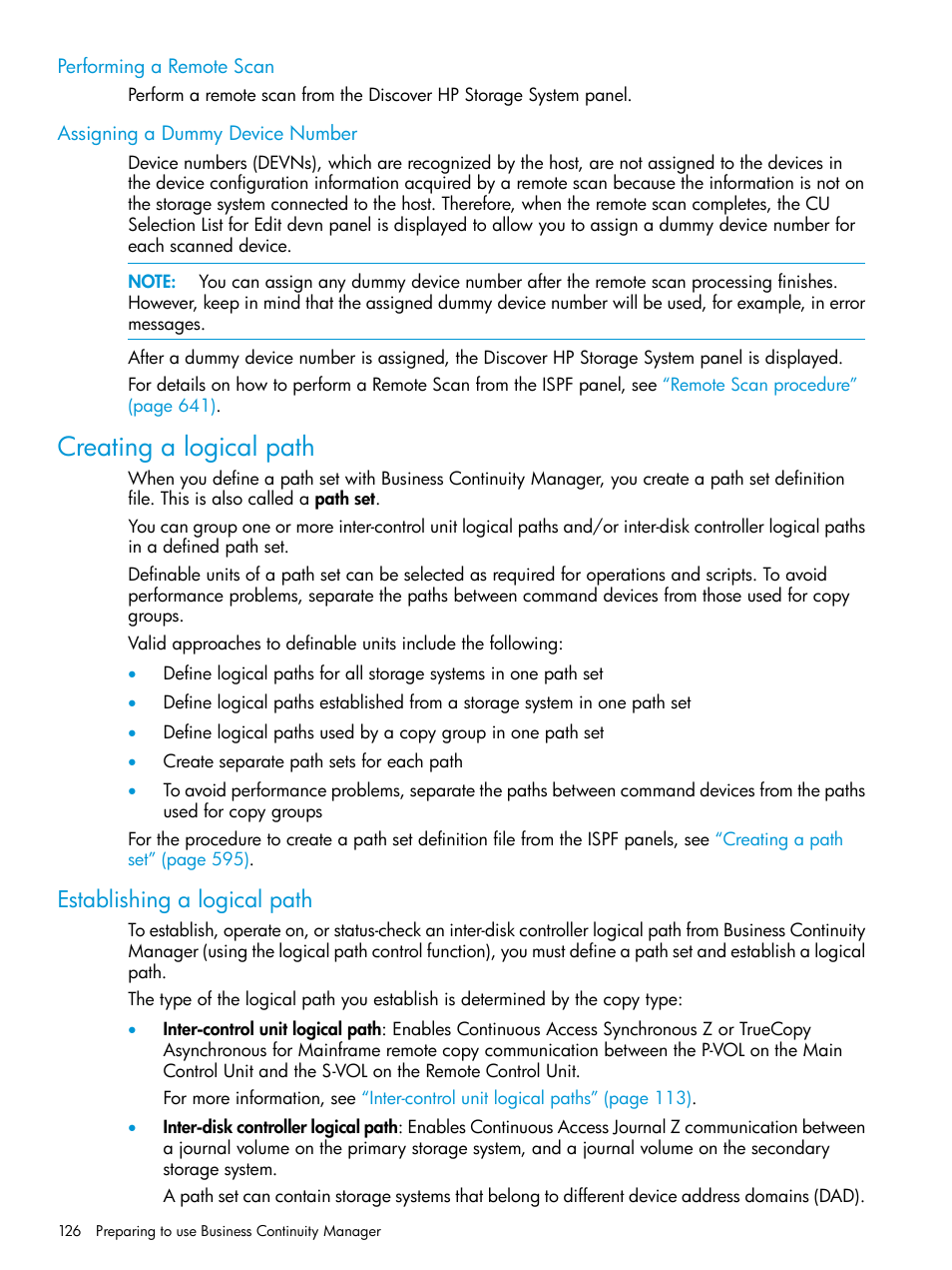 Performing a remote scan, Assigning a dummy device number, Creating a logical path | Establishing a logical path | HP XP P9500 Storage User Manual | Page 126 / 773