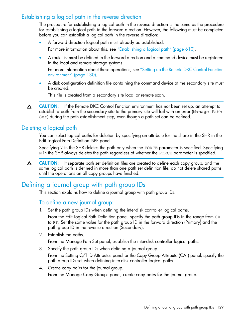 Deleting a logical path, Defining a journal group with path group ids | HP XP P9500 Storage User Manual | Page 129 / 773