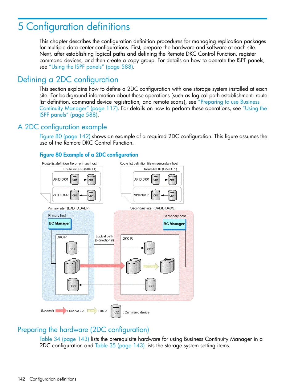 5 configuration definitions, Defining a 2dc configuration, A 2dc configuration example | Preparing the hardware (2dc configuration), Configuration definitions | HP XP P9500 Storage User Manual | Page 142 / 773