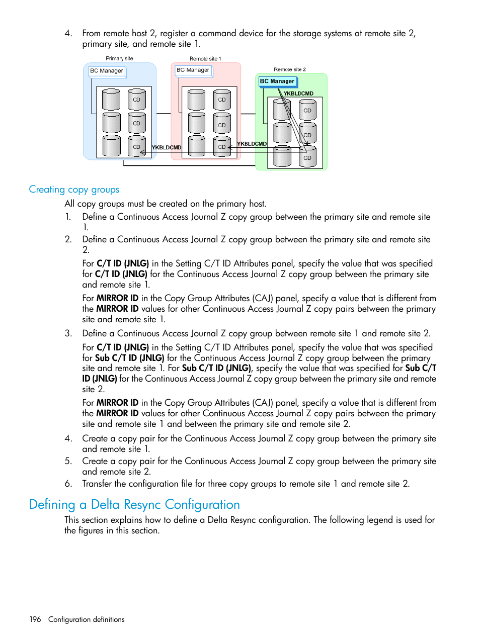 Creating copy groups, Defining a delta resync configuration | HP XP P9500 Storage User Manual | Page 196 / 773