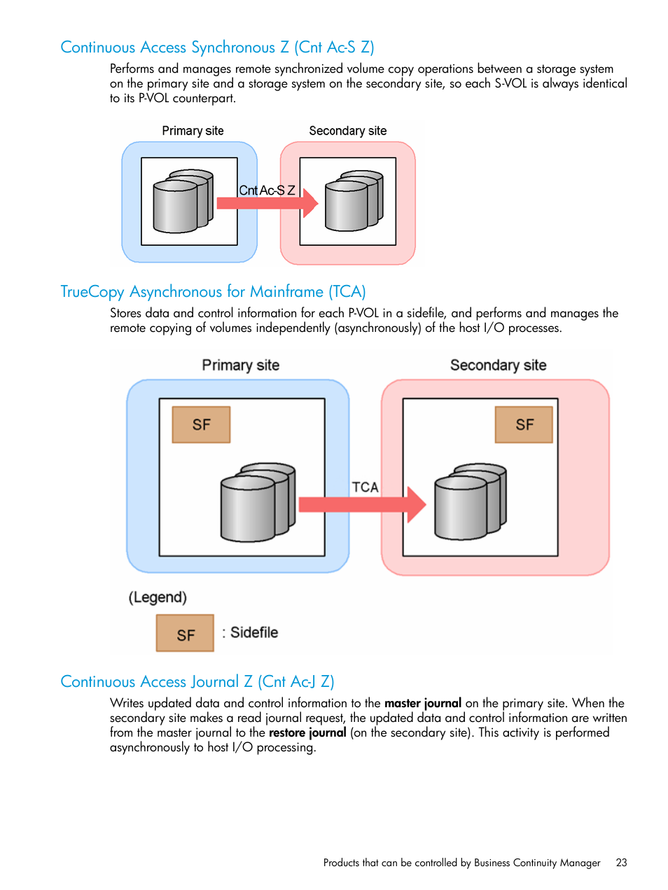 Continuous access synchronous z (cnt ac-s z), Truecopy asynchronous for mainframe (tca), Continuous access journal z (cnt ac-j z) | HP XP P9500 Storage User Manual | Page 23 / 773