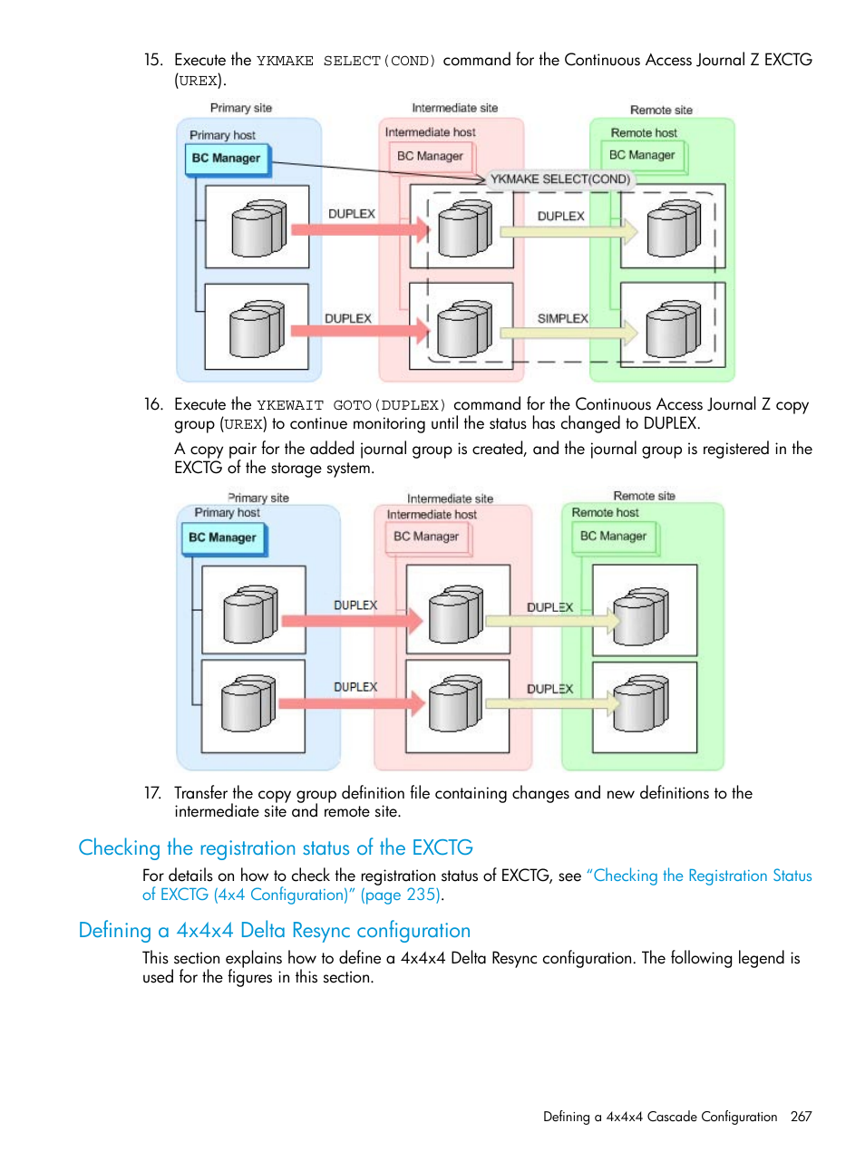Checking the registration status of the exctg, Defining a 4x4x4 delta resync configuration | HP XP P9500 Storage User Manual | Page 267 / 773