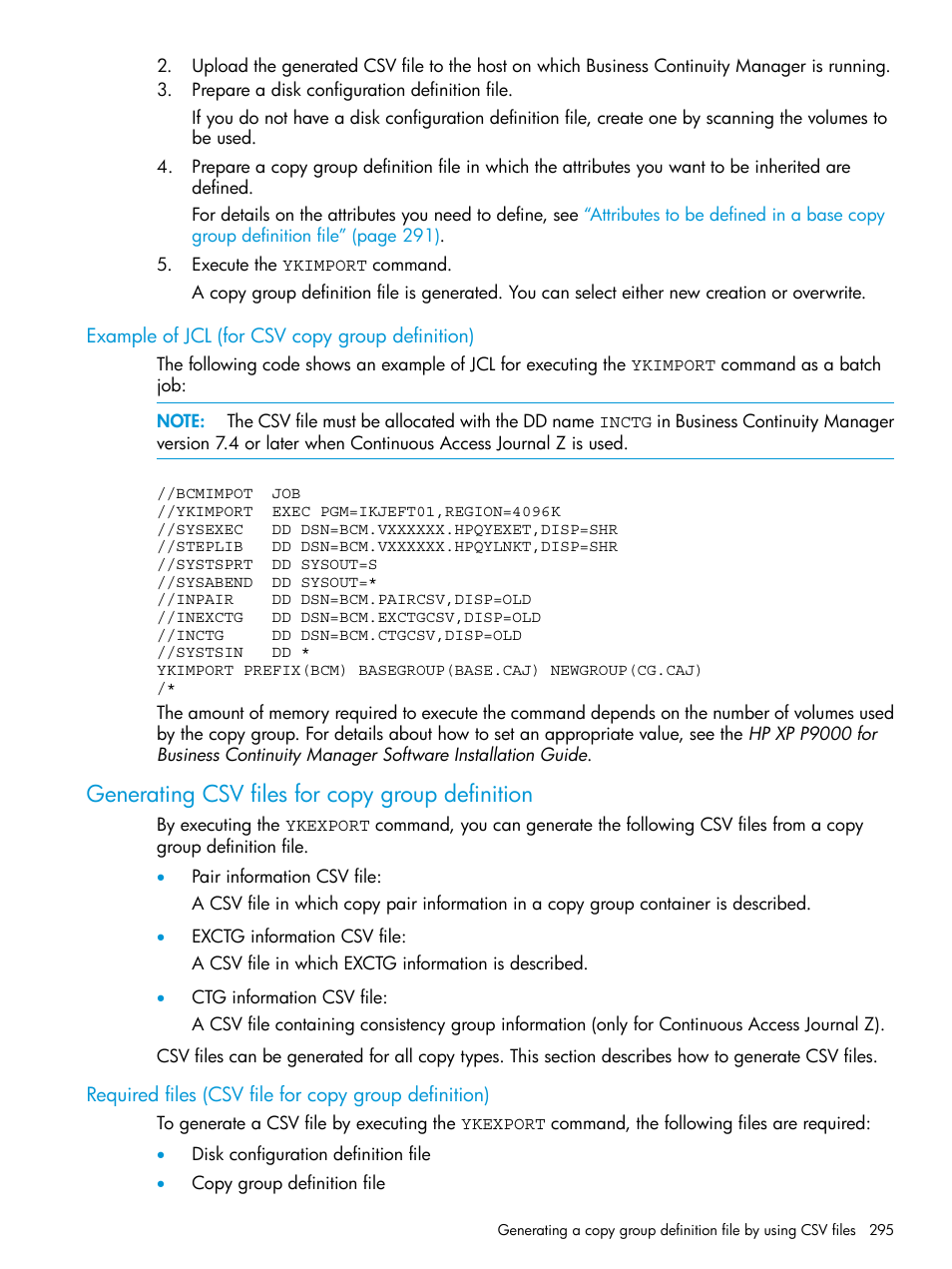Example of jcl (for csv copy group definition), Generating csv files for copy group definition | HP XP P9500 Storage User Manual | Page 295 / 773