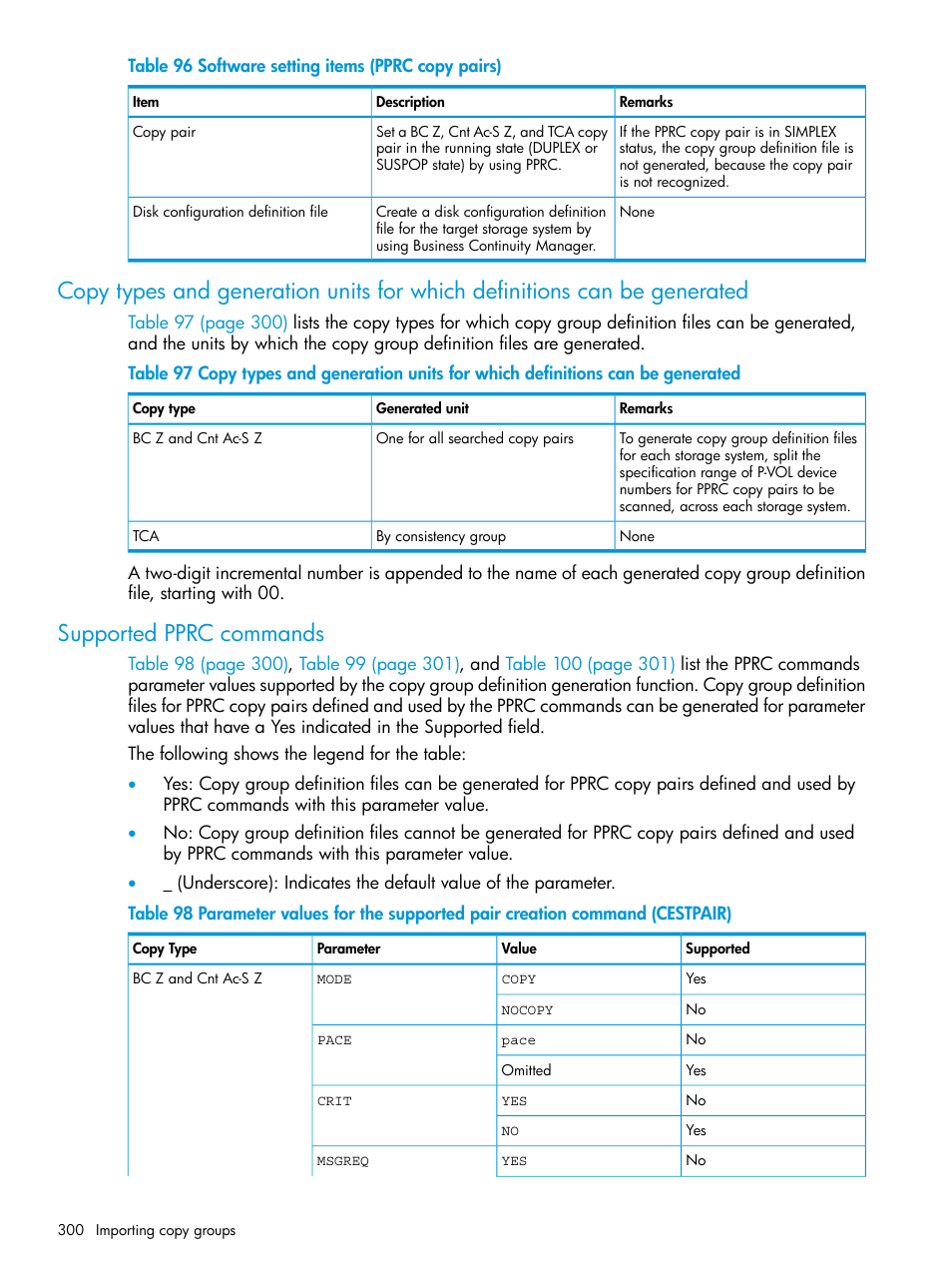 Supported pprc commands | HP XP P9500 Storage User Manual | Page 300 / 773