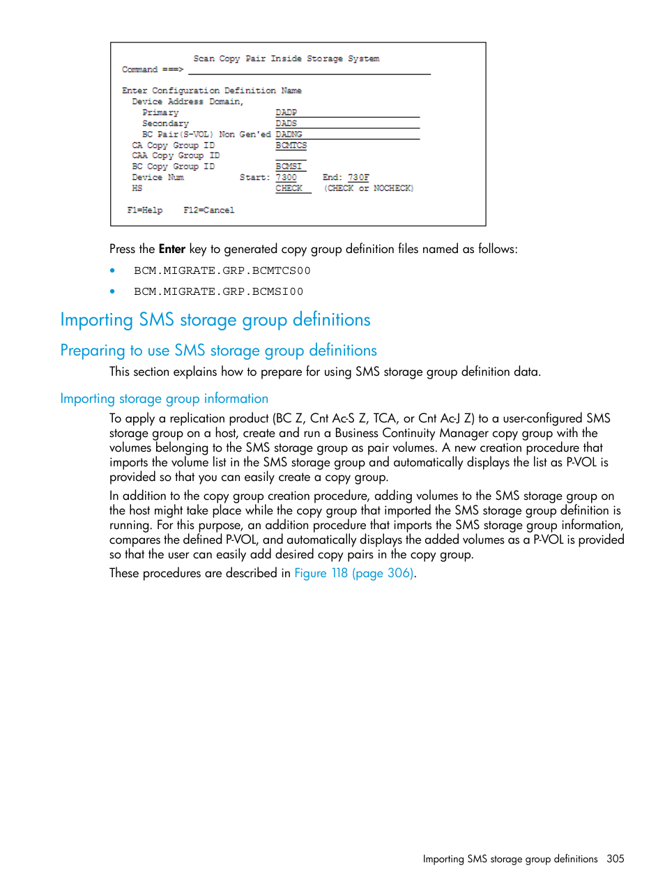 Importing sms storage group definitions, Preparing to use sms storage group definitions, Importing storage group information | HP XP P9500 Storage User Manual | Page 305 / 773