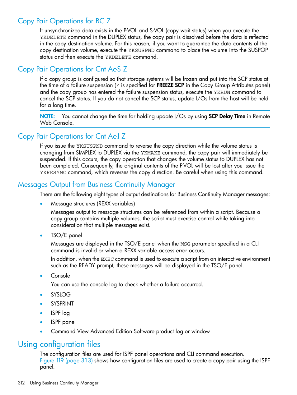 Copy pair operations for bc z, Copy pair operations for cnt ac-s z, Copy pair operations for cnt ac-j z | Messages output from business continuity manager, Using configuration files | HP XP P9500 Storage User Manual | Page 312 / 773