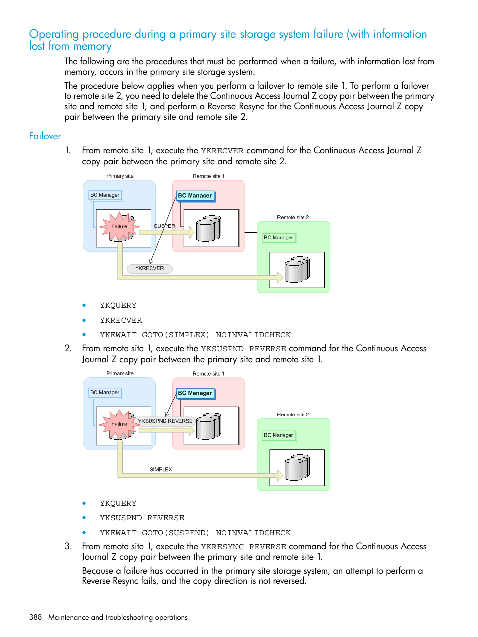 Failover, Operating procedure, During a | Primary site, Storage system, Failure (with, Information lost | HP XP P9500 Storage User Manual | Page 388 / 773