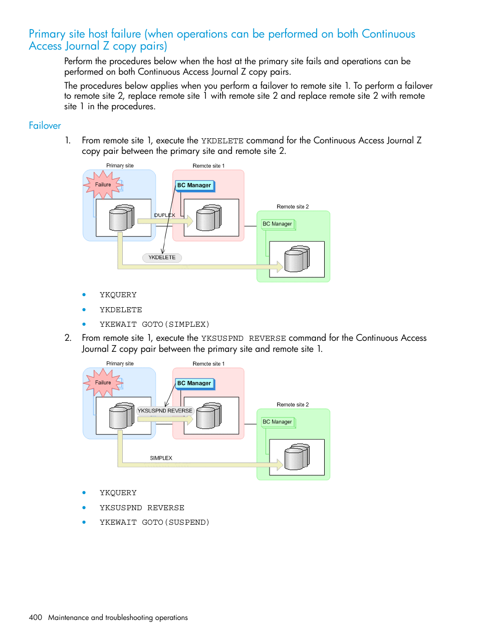 Failover, Primary site host failure, When | Operations can, Be performed, On both, Continuous, Access journal | HP XP P9500 Storage User Manual | Page 400 / 773