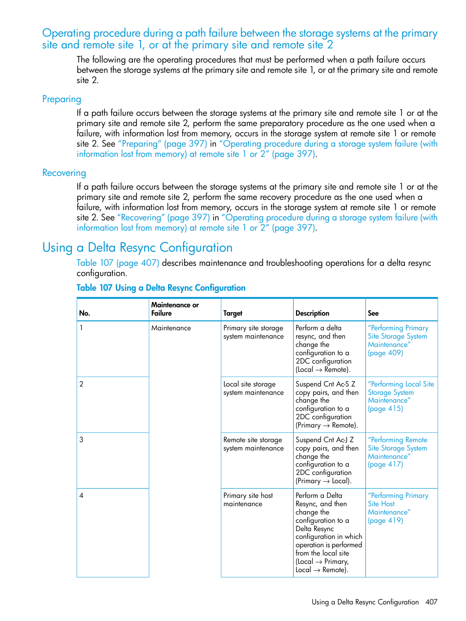 Preparing, Recovering, Using a delta resync configuration | Preparing recovering, Operating procedure, During a path | HP XP P9500 Storage User Manual | Page 407 / 773