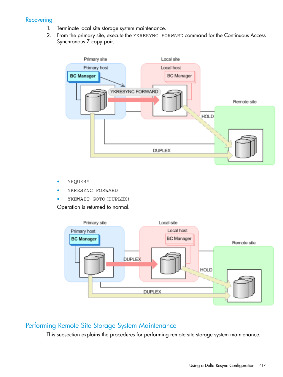 Recovering, Performing remote site storage system maintenance, Performing remote site storage system | HP XP P9500 Storage User Manual | Page 417 / 773
