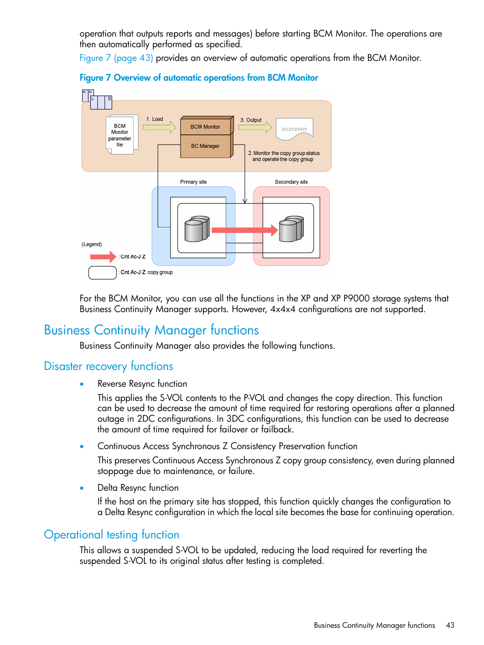 Business continuity manager functions, Disaster recovery functions, Operational testing function | HP XP P9500 Storage User Manual | Page 43 / 773