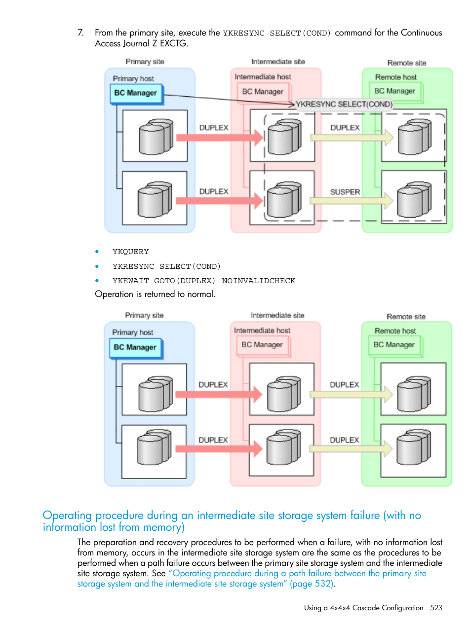 Operating procedure during an intermediate, Site storage system, Failure (with no | HP XP P9500 Storage User Manual | Page 523 / 773