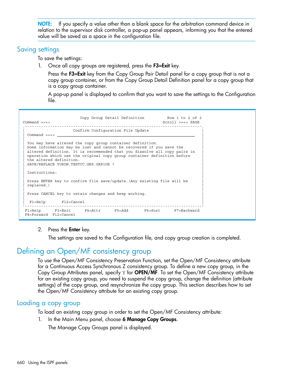 Saving settings, Defining an open/mf consistency group, Loading a copy group | HP XP P9500 Storage User Manual | Page 660 / 773