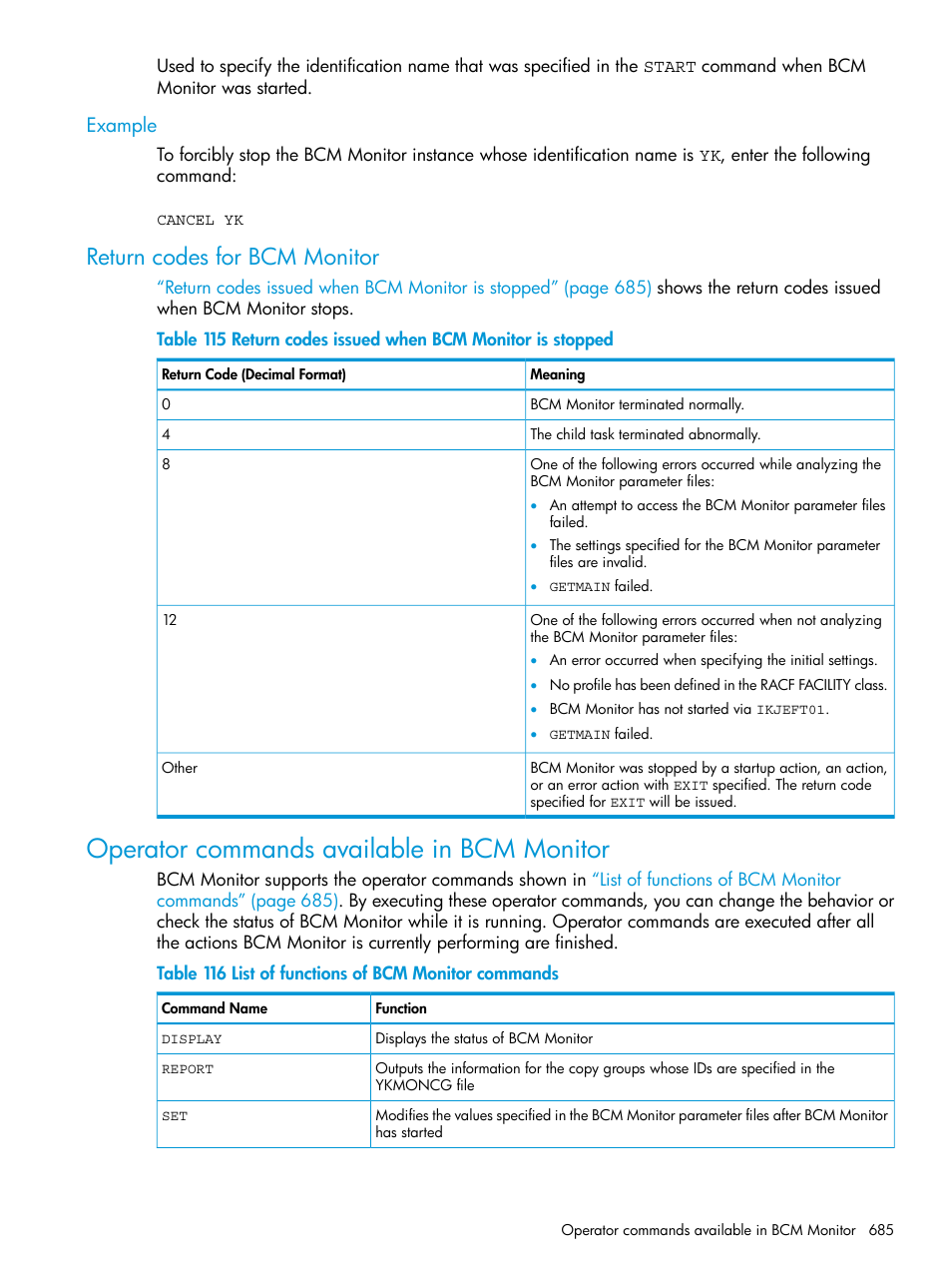 Example, Return codes for bcm monitor, Operator commands available in bcm monitor | HP XP P9500 Storage User Manual | Page 685 / 773