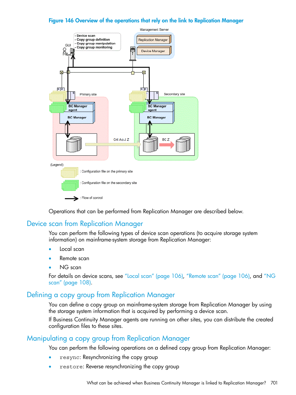 Device scan from replication manager, Defining a copy group from replication manager, Manipulating a copy group from replication manager | HP XP P9500 Storage User Manual | Page 701 / 773