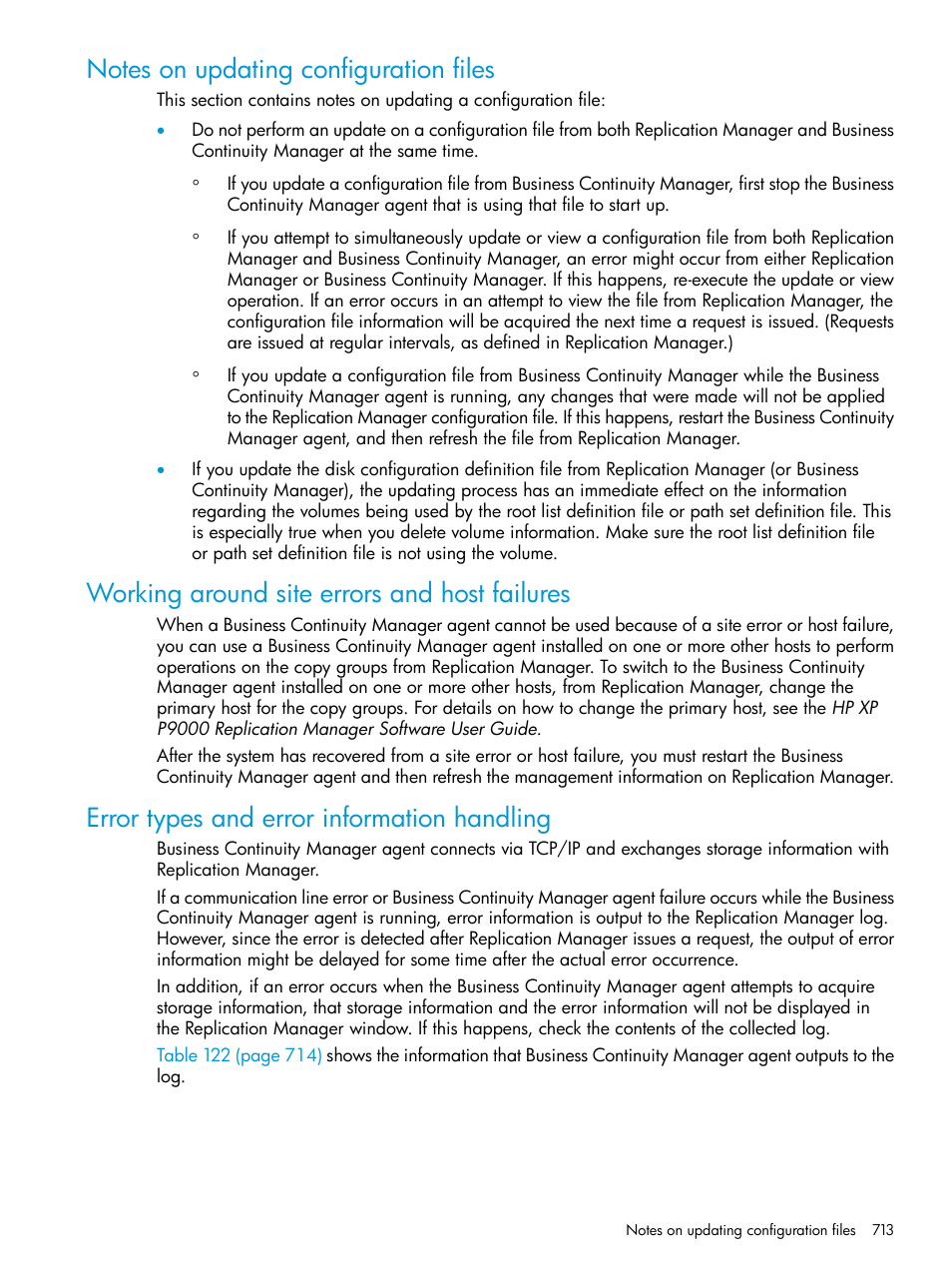 Notes on updating configuration files, Working around site errors and host failures, Error types and error information handling | HP XP P9500 Storage User Manual | Page 713 / 773