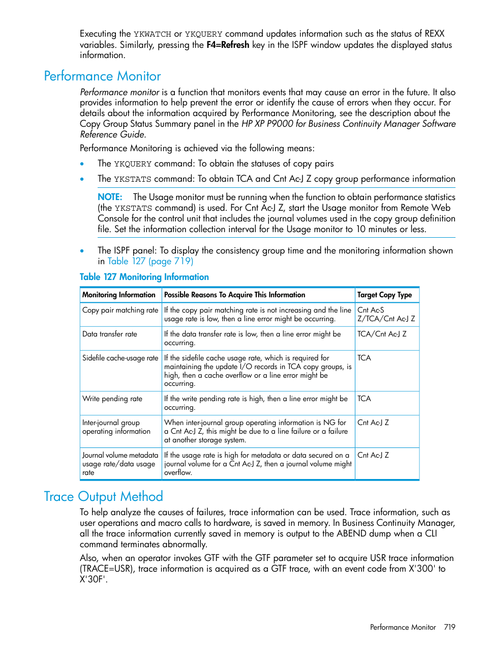 Performance monitor, Trace output method, Performance monitor trace output method | HP XP P9500 Storage User Manual | Page 719 / 773