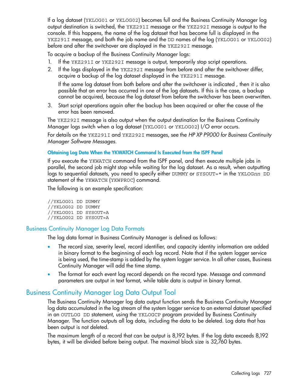 Business continuity manager log data formats, Business continuity manager log data output tool, Business continuity | HP XP P9500 Storage User Manual | Page 727 / 773