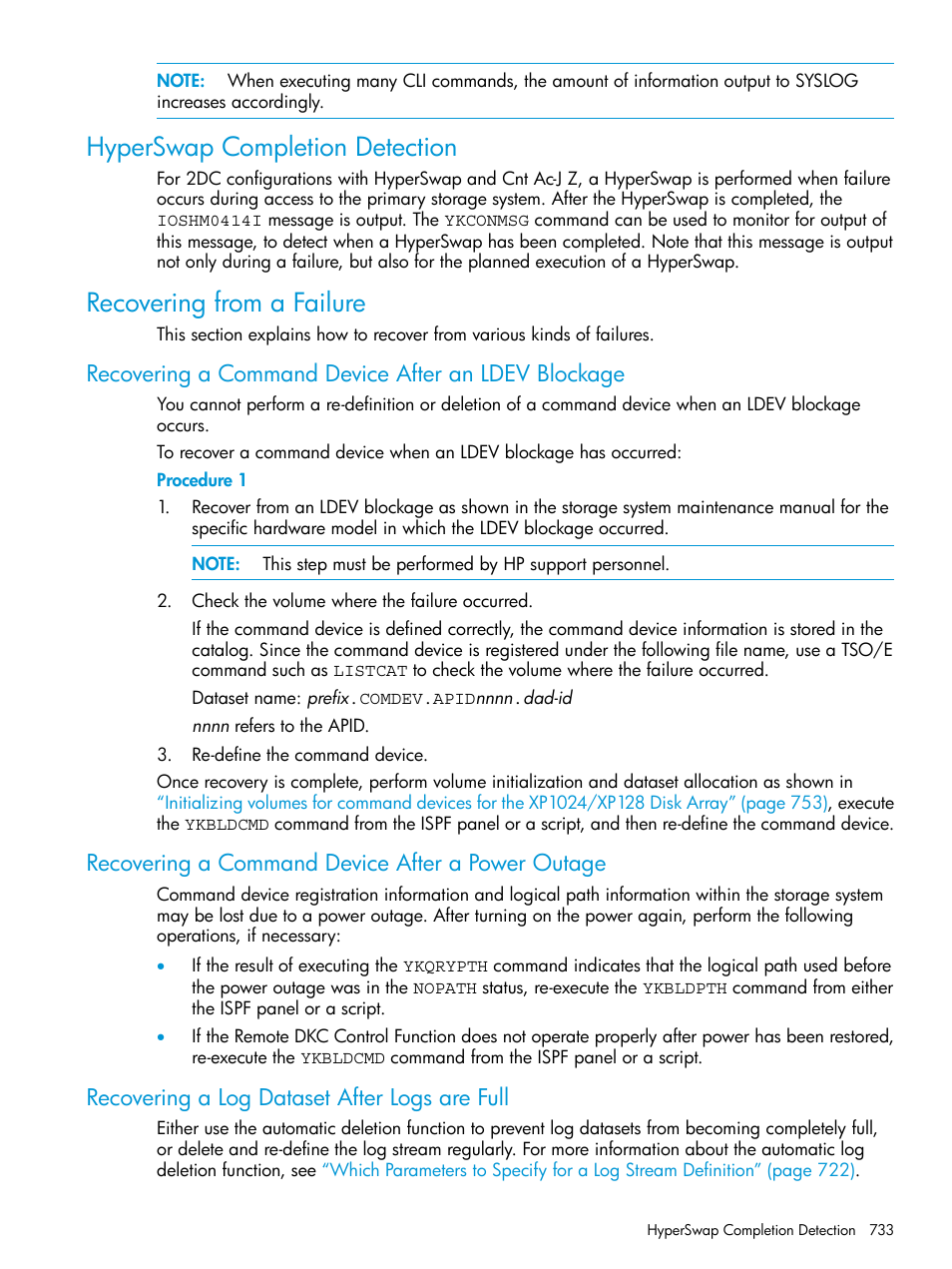 Hyperswap completion detection, Recovering from a failure, Recovering a command device after an ldev blockage | Recovering a command device after a power outage, Recovering a log dataset after logs are full | HP XP P9500 Storage User Manual | Page 733 / 773