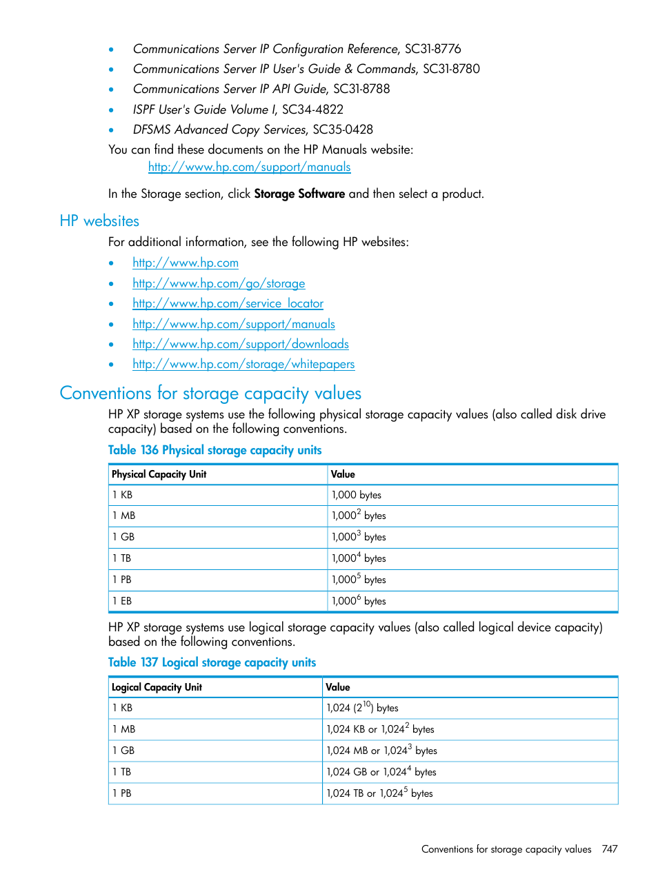 Hp websites, Conventions for storage capacity values | HP XP P9500 Storage User Manual | Page 747 / 773