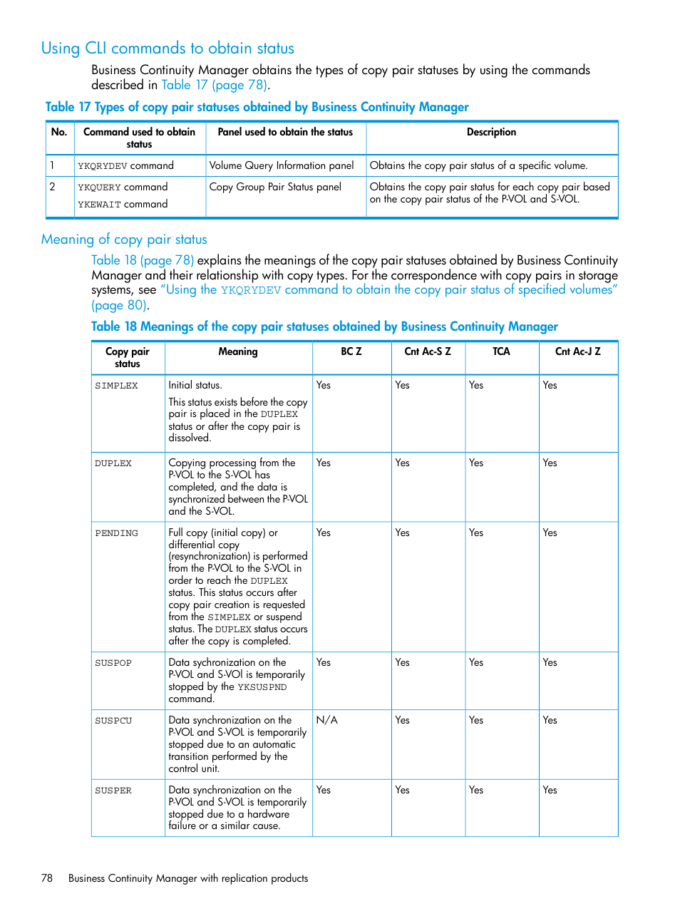 Using cli commands to obtain status, Meaning of copy pair status | HP XP P9500 Storage User Manual | Page 78 / 773