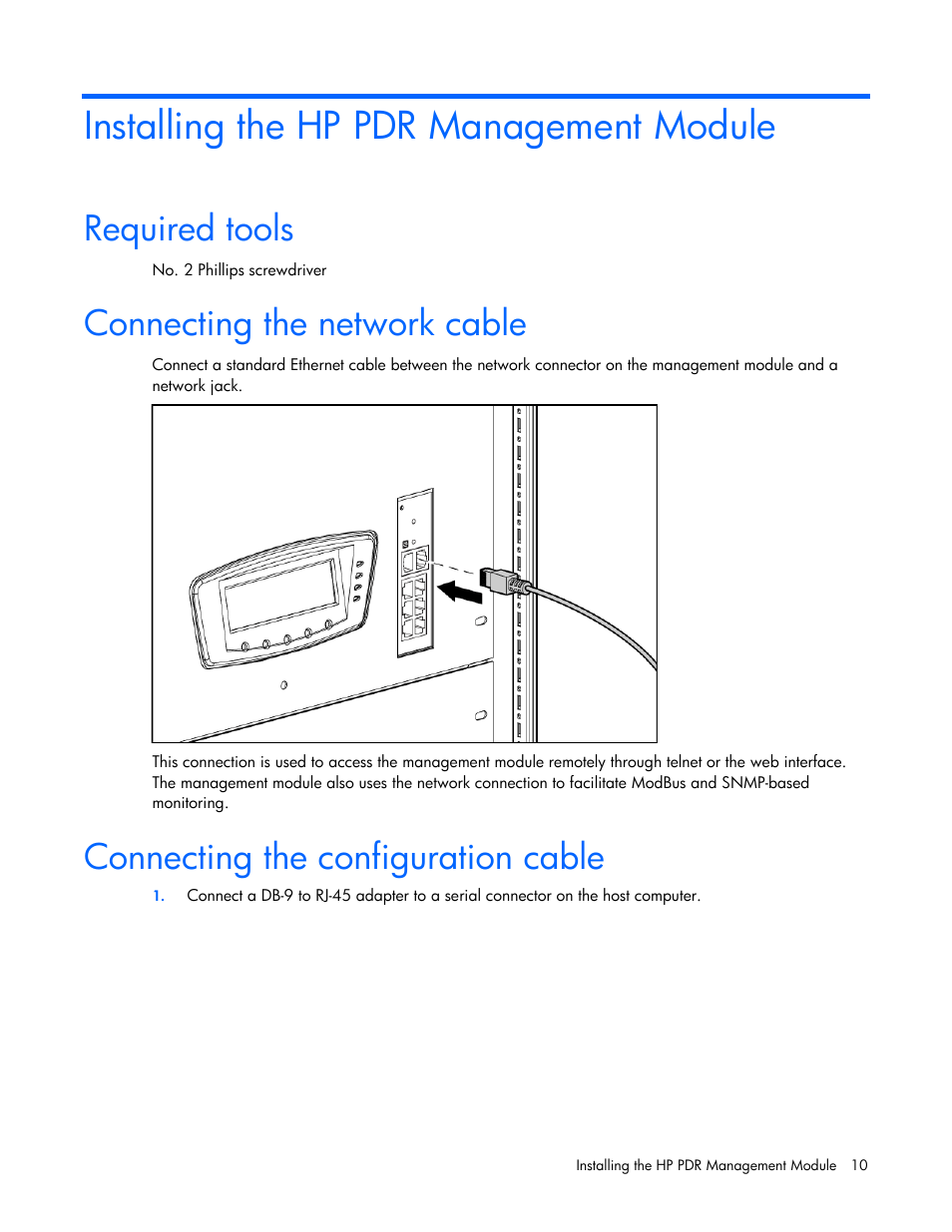 Installing the hp pdr management module, Required tools, Connecting the network cable | Connecting the configuration cable | HP Power Distribution Unit Management Module User Manual | Page 10 / 77