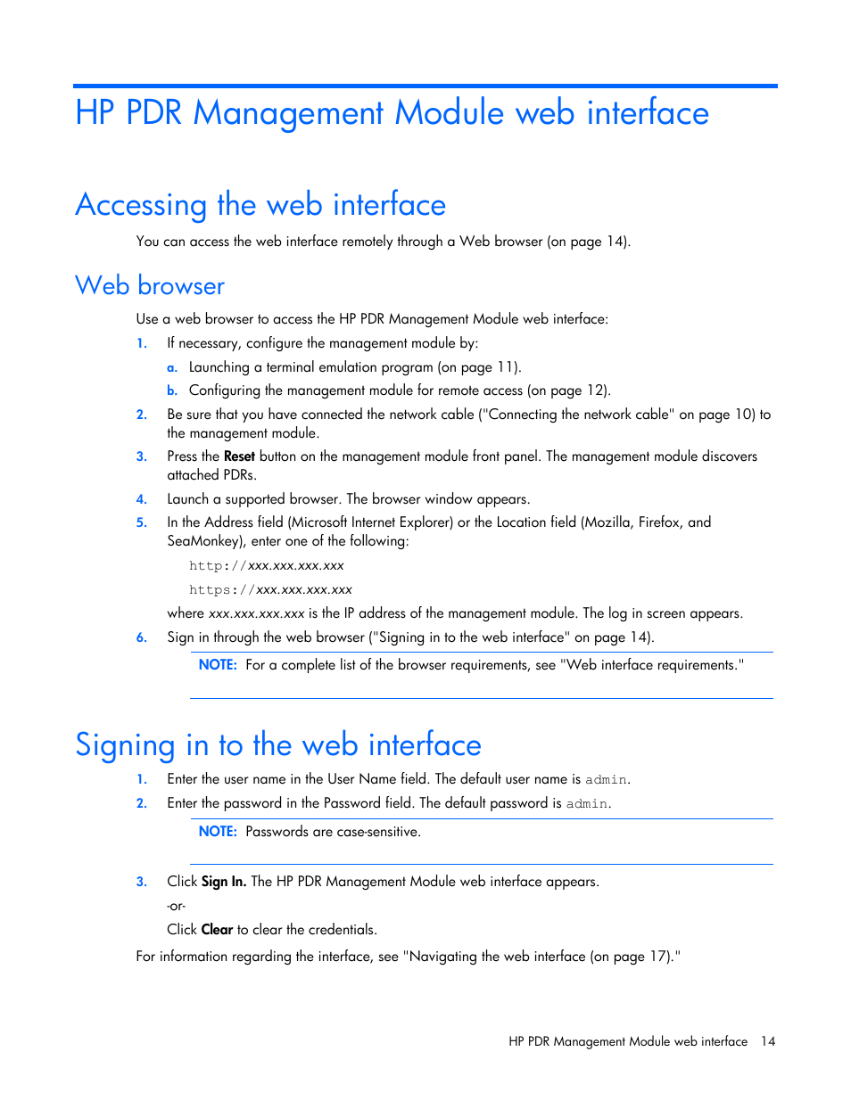 Hp pdr management module web interface, Accessing the web interface, Web browser | Signing in to the web interface | HP Power Distribution Unit Management Module User Manual | Page 14 / 77