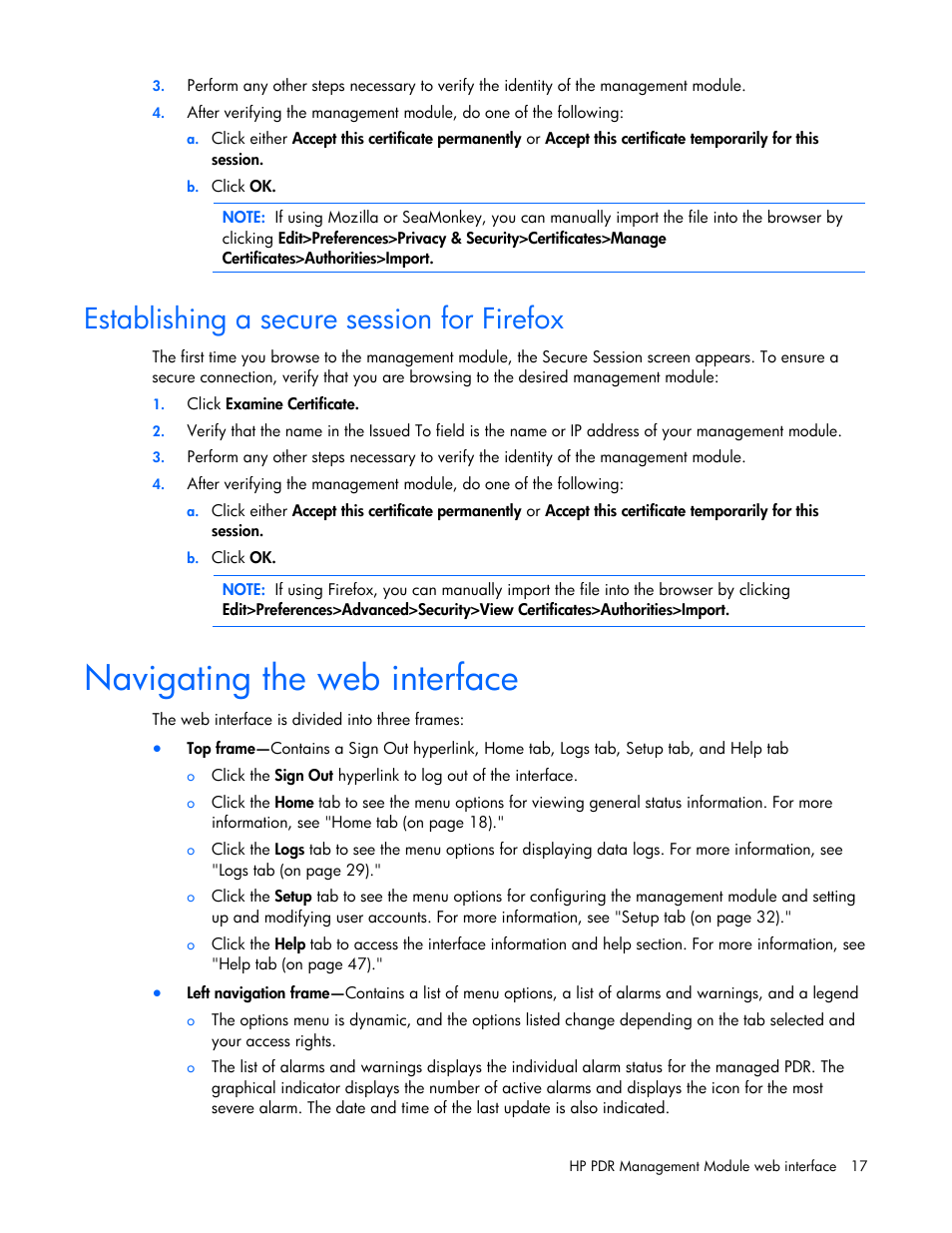Establishing a secure session for firefox, Navigating the web interface | HP Power Distribution Unit Management Module User Manual | Page 17 / 77