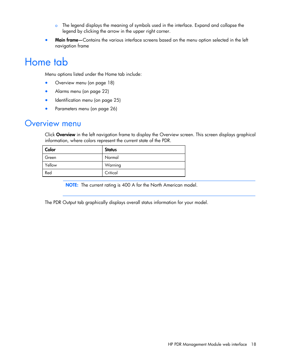 Home tab, Overview menu | HP Power Distribution Unit Management Module User Manual | Page 18 / 77