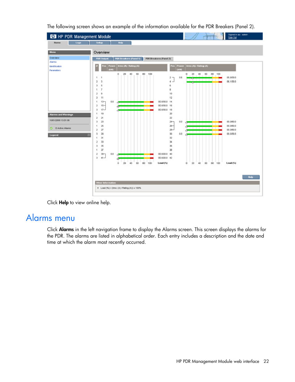 Alarms menu | HP Power Distribution Unit Management Module User Manual | Page 22 / 77