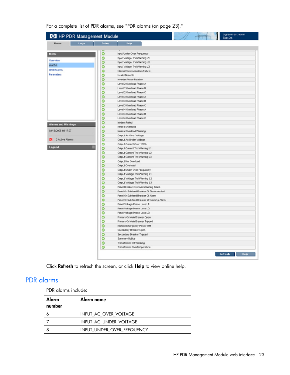 Pdr alarms | HP Power Distribution Unit Management Module User Manual | Page 23 / 77