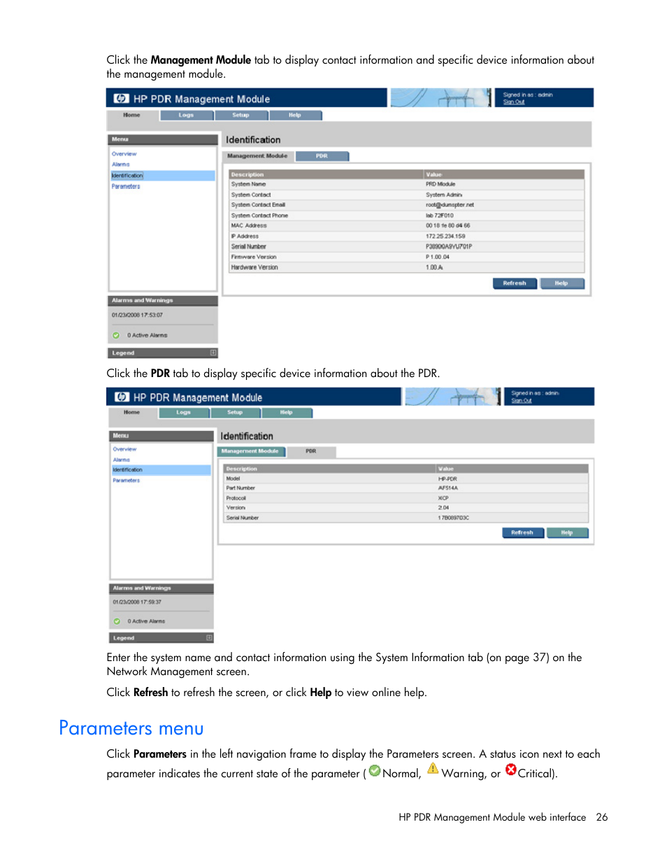 Parameters menu | HP Power Distribution Unit Management Module User Manual | Page 26 / 77