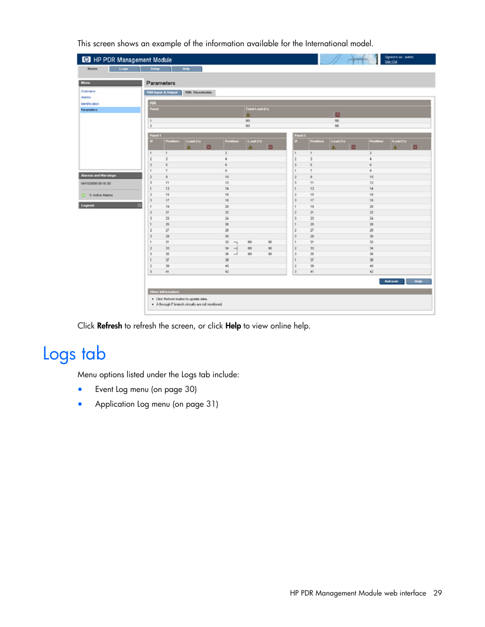 Logs tab | HP Power Distribution Unit Management Module User Manual | Page 29 / 77