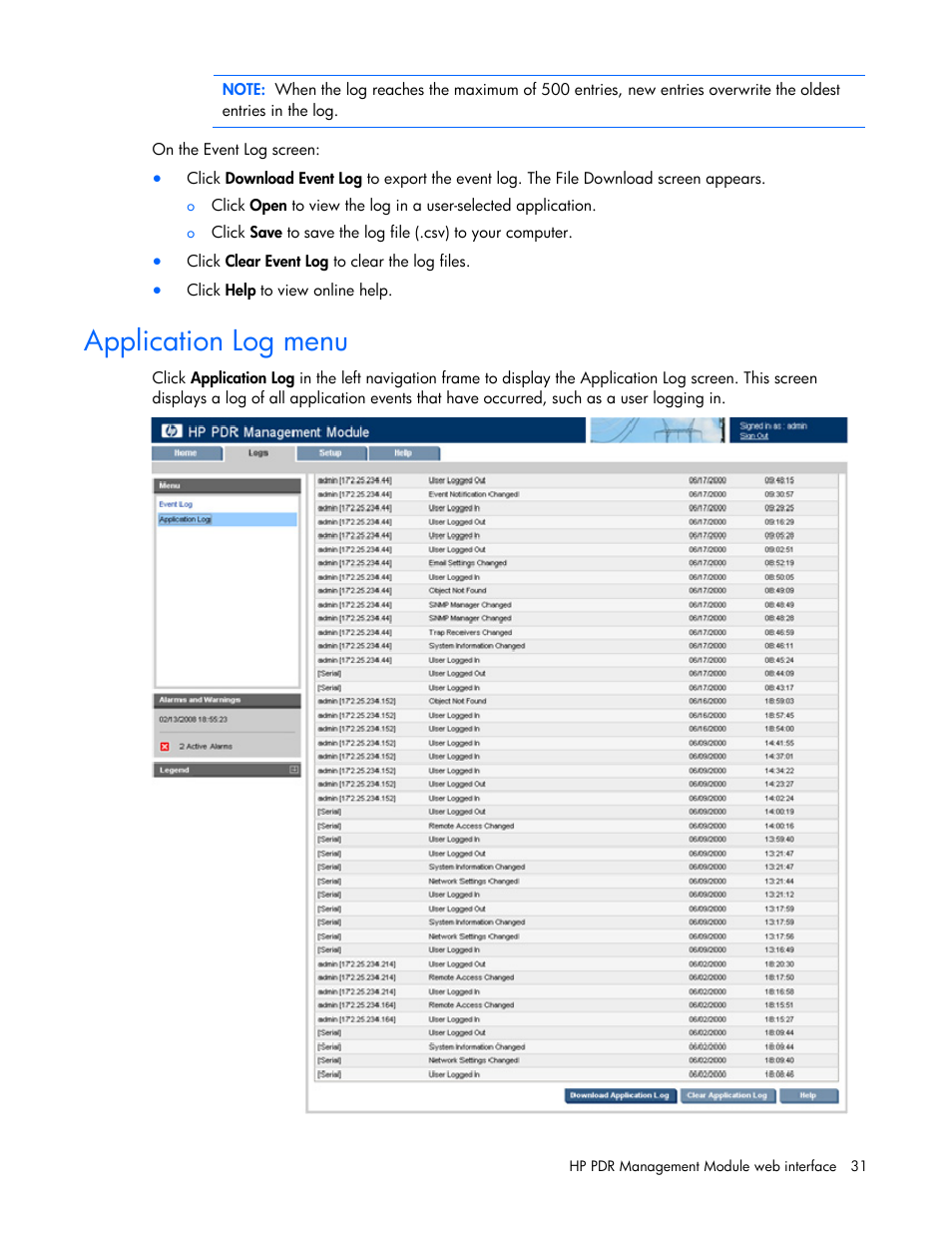Application log menu | HP Power Distribution Unit Management Module User Manual | Page 31 / 77