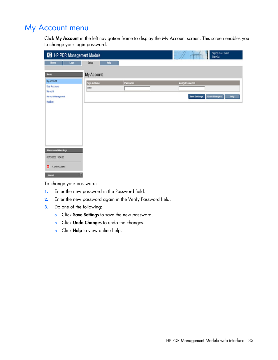My account menu | HP Power Distribution Unit Management Module User Manual | Page 33 / 77