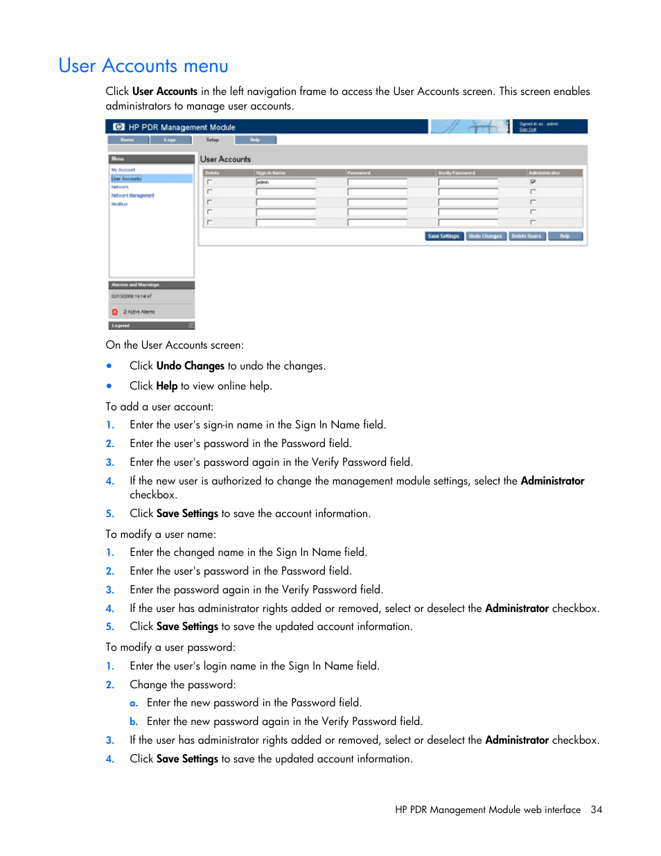 User accounts menu | HP Power Distribution Unit Management Module User Manual | Page 34 / 77