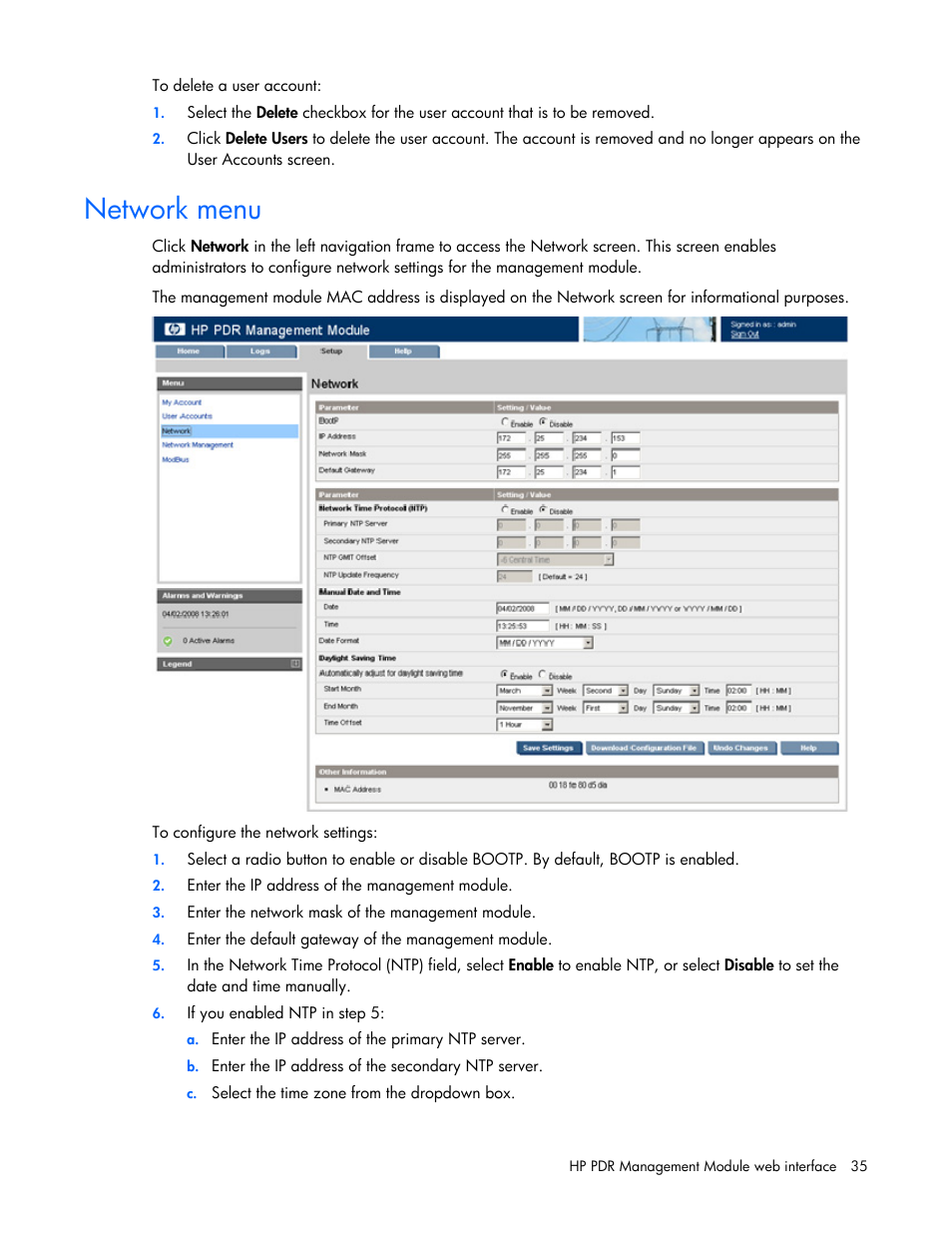 Network menu | HP Power Distribution Unit Management Module User Manual | Page 35 / 77