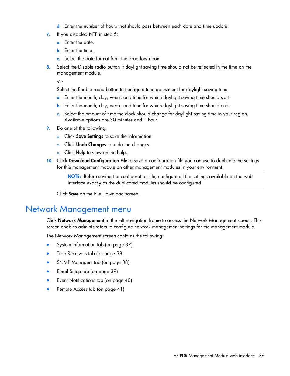 Network management menu | HP Power Distribution Unit Management Module User Manual | Page 36 / 77