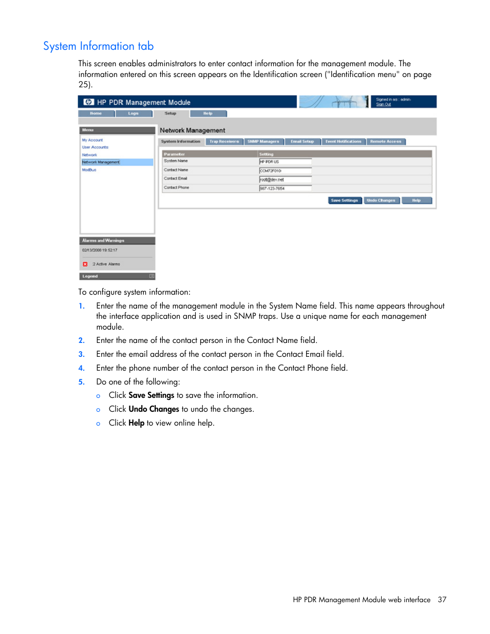 System information tab | HP Power Distribution Unit Management Module User Manual | Page 37 / 77