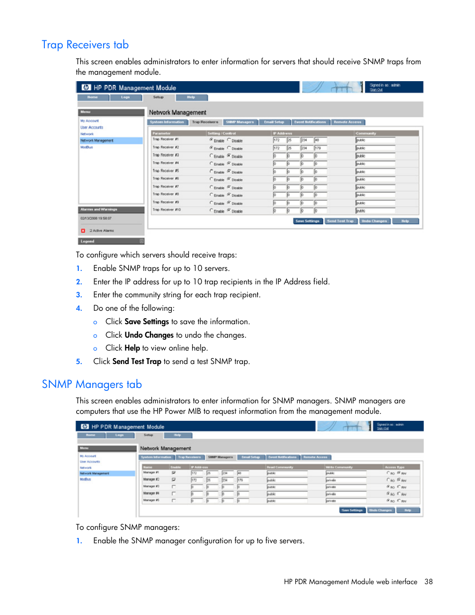 Trap receivers tab, Snmp managers tab | HP Power Distribution Unit Management Module User Manual | Page 38 / 77