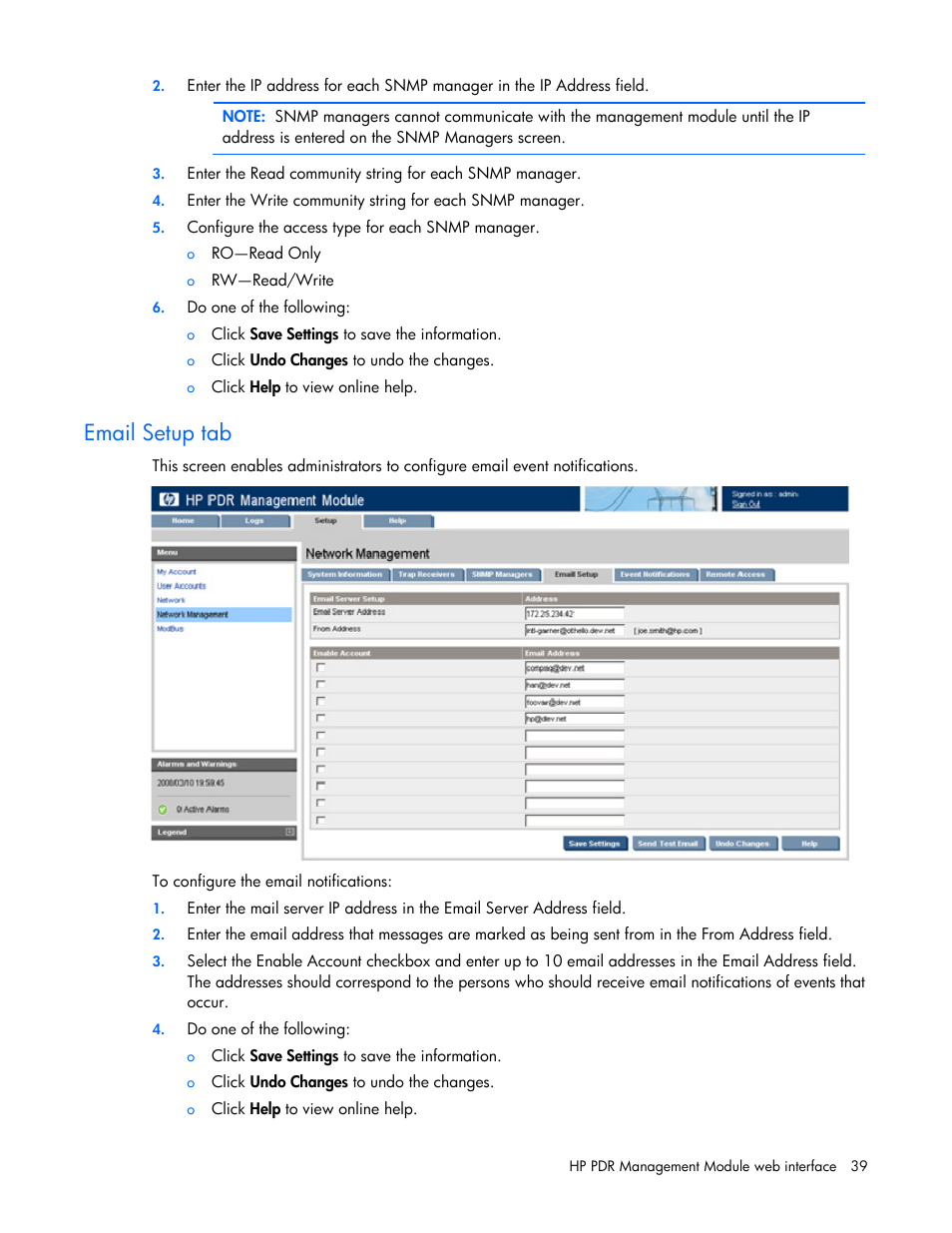 Email setup tab | HP Power Distribution Unit Management Module User Manual | Page 39 / 77